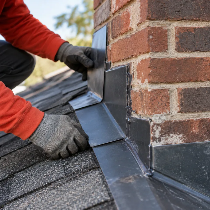 Step flashing and counterflashing installed at a brick chimney