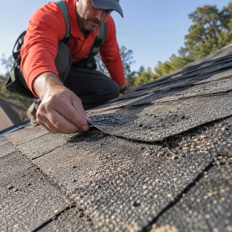 Asphalt shingles showing granule loss and curling along the edges
