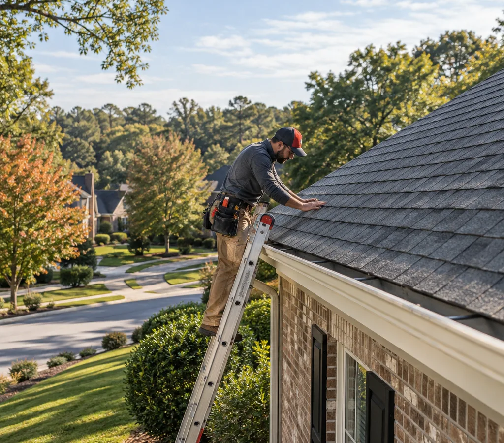 Contractor inspecting shingles from a ladder on a residential roof in a tree-lined Decatur neighborhood
