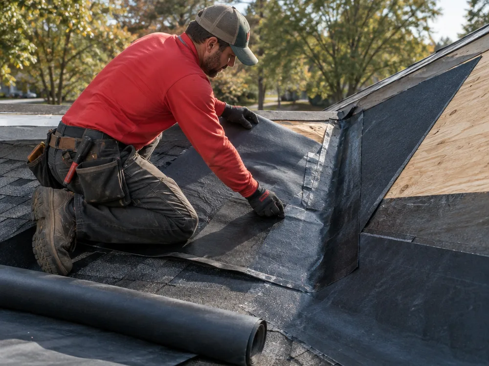 Contractor installing roof underlayment and membrane along an eave and valley