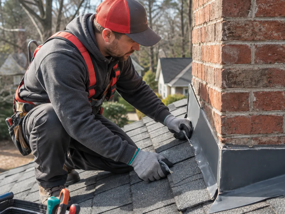 Contractor examining chimney flashing and nearby asphalt shingles