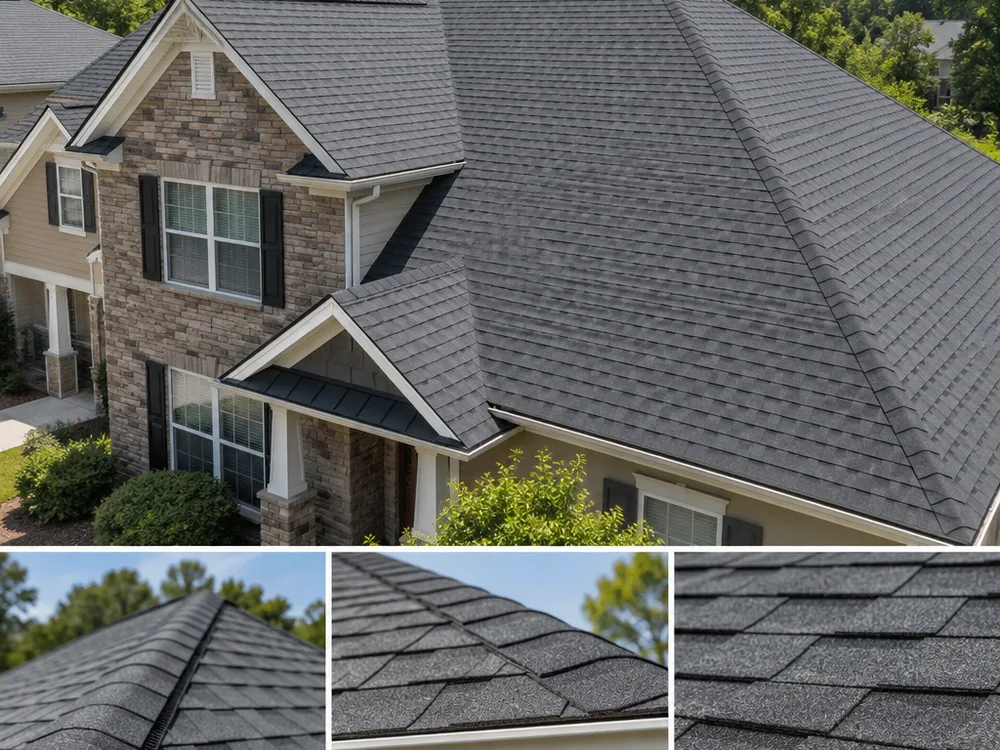 Finished architectural shingle roof with a clean ridge line, ridge vent, and neat drip edge