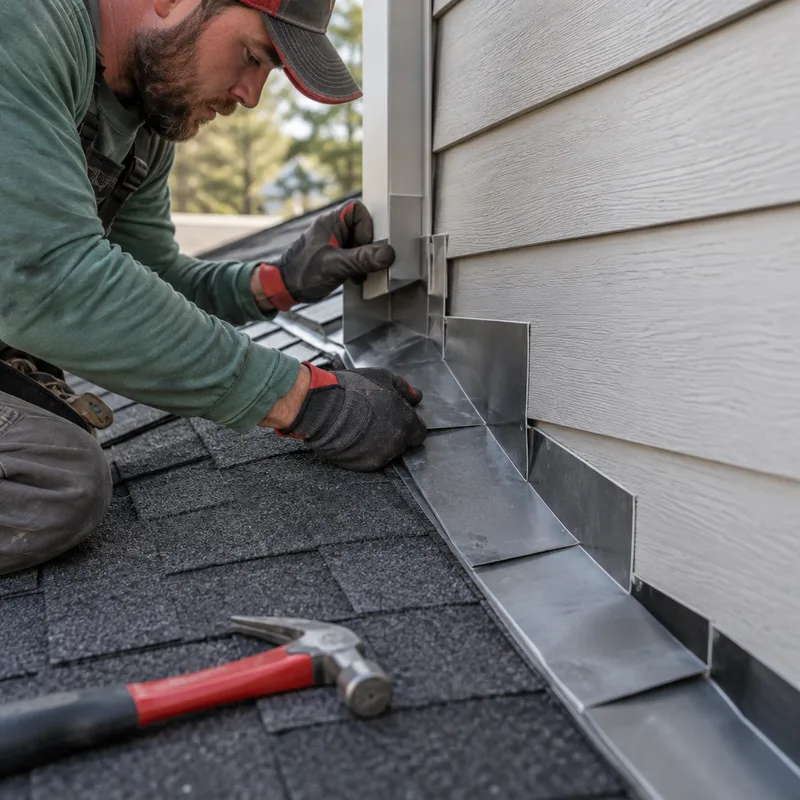 Layered step flashing and counterflashing where a roof meets a vertical sidewall