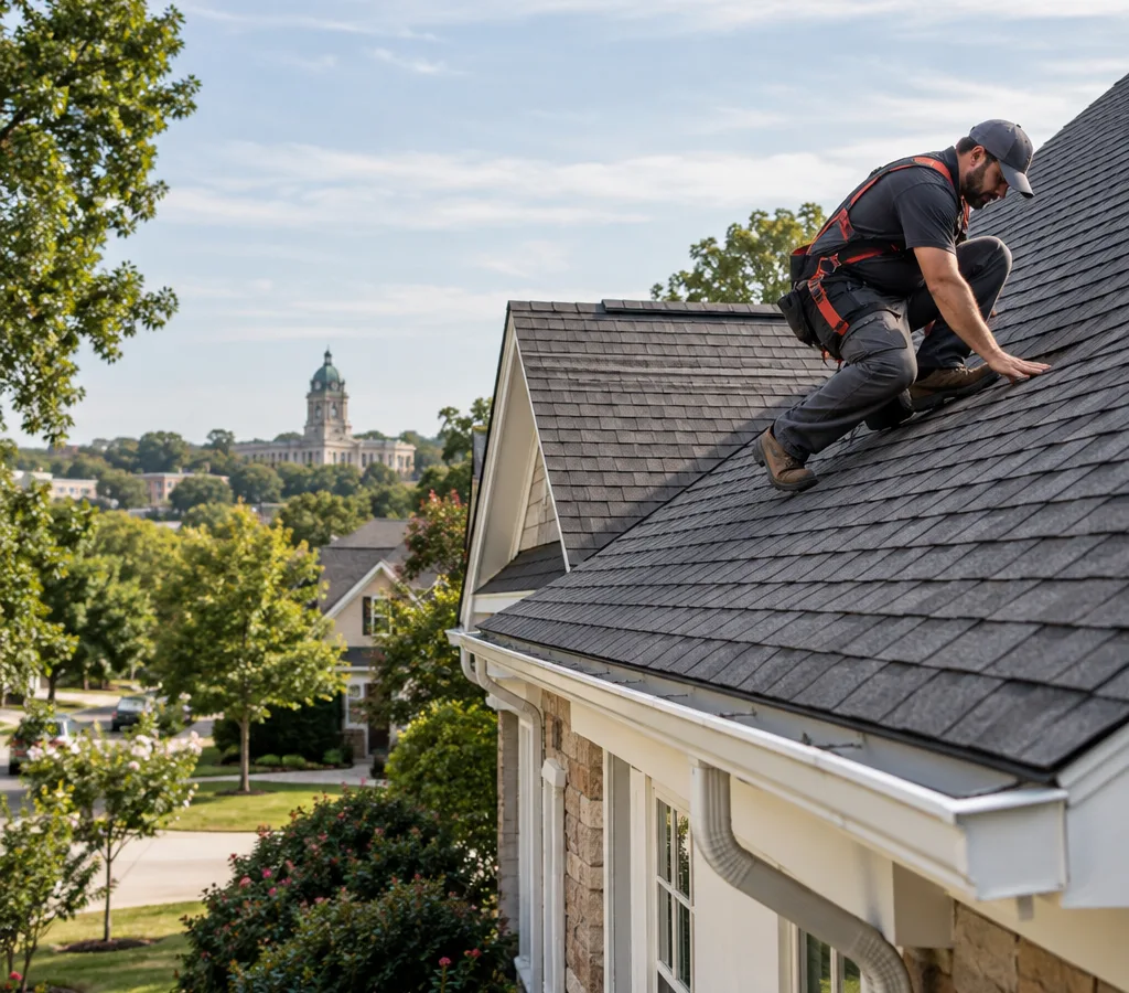 Roofer inspecting the asphalt shingle roof and gutters of a Decatur-area home