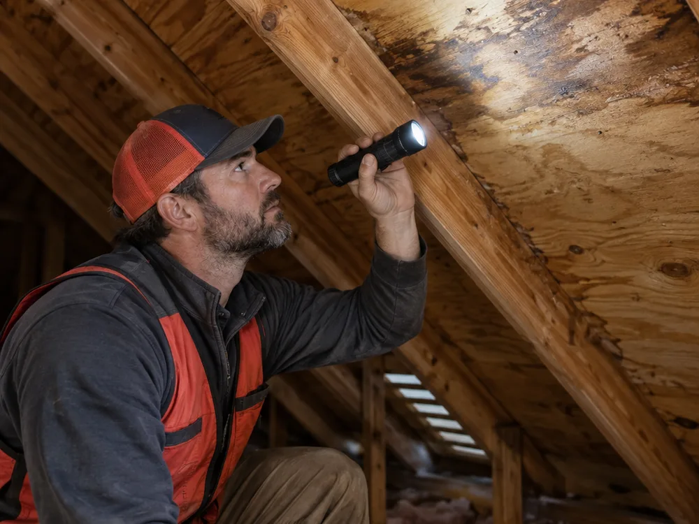 Contractor examining roof decking and ventilation paths from inside an attic