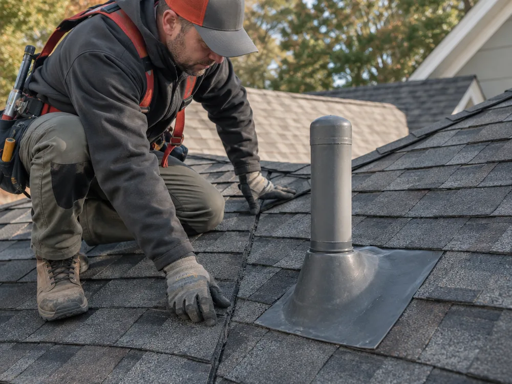Contractor checking flashing around a plumbing vent and shingles beside a roof valley