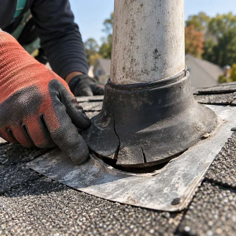 Cracked rubber pipe boot around a plumbing vent with visible gaps at the flashing