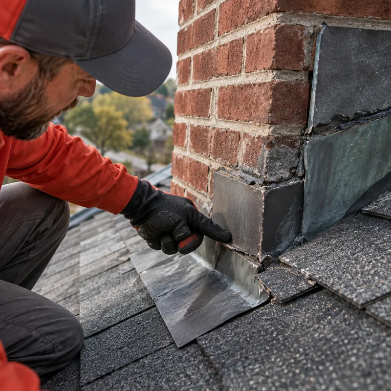 Chimney step flashing and counterflashing showing areas where sealant failure can occur