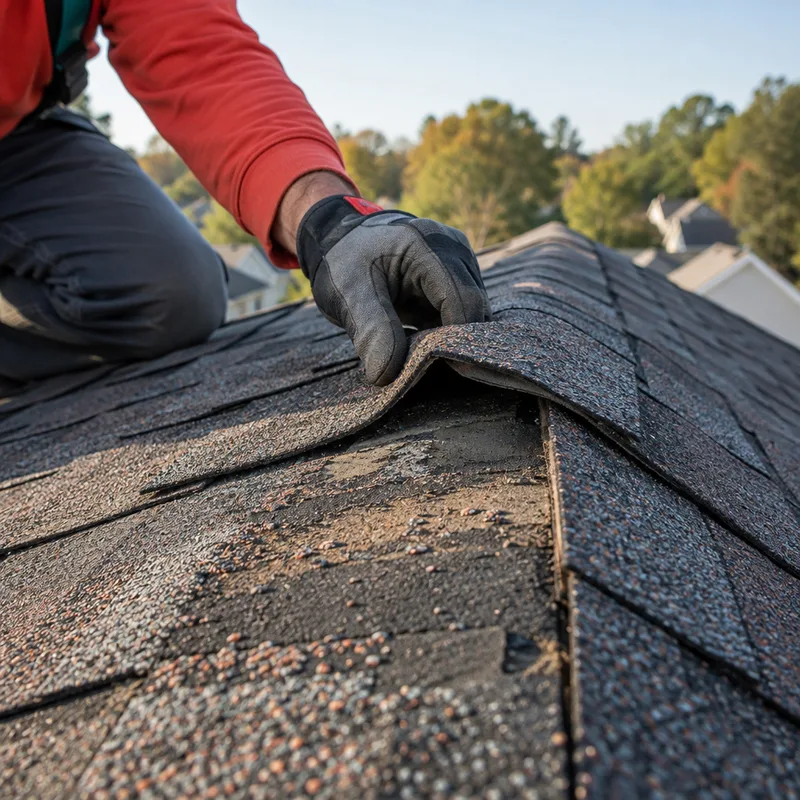 Damaged asphalt shingles with granule loss and a lifted edge near a roof ridge