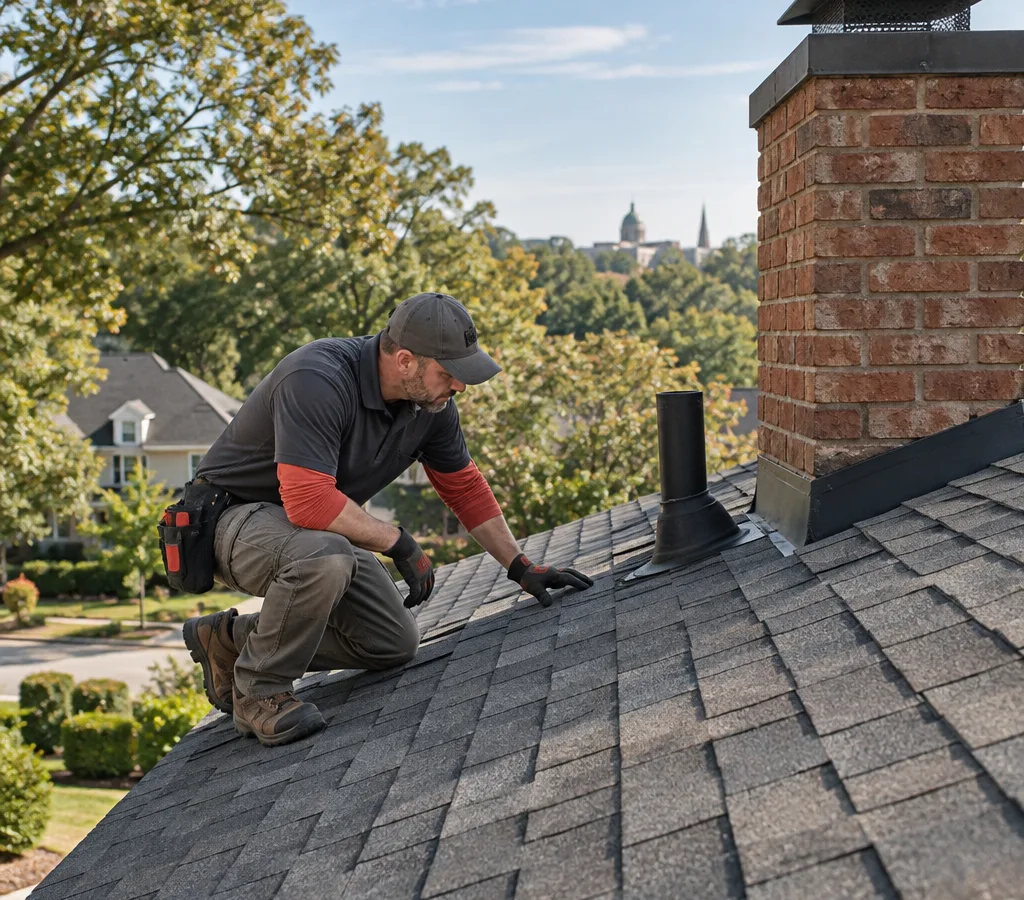 Roofing contractor inspecting shingles and roof penetrations near a chimney on a Decatur-area home