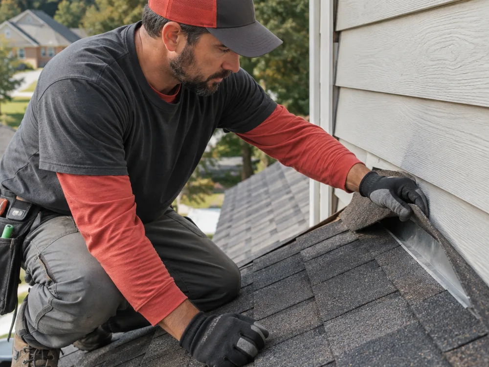 Contractor checking step flashing where a shingle roof meets siding