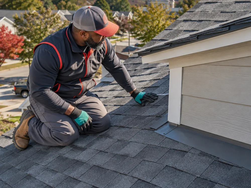Finished roof repair with replacement shingles blended into the existing roof and straight flashing lines