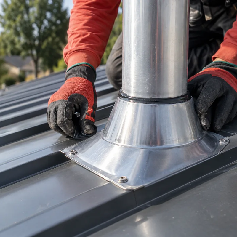 Close-up of pipe boot flashing with a formed metal collar and sealed termination