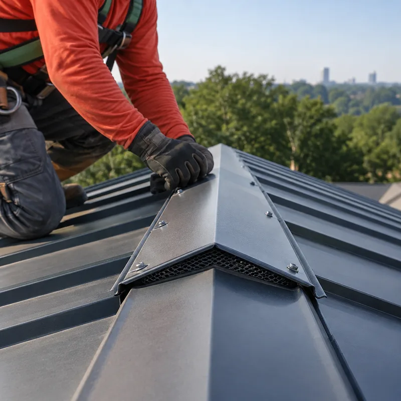 Close-up of a standing seam ridge cap and ventilation detail with crisp trim edges