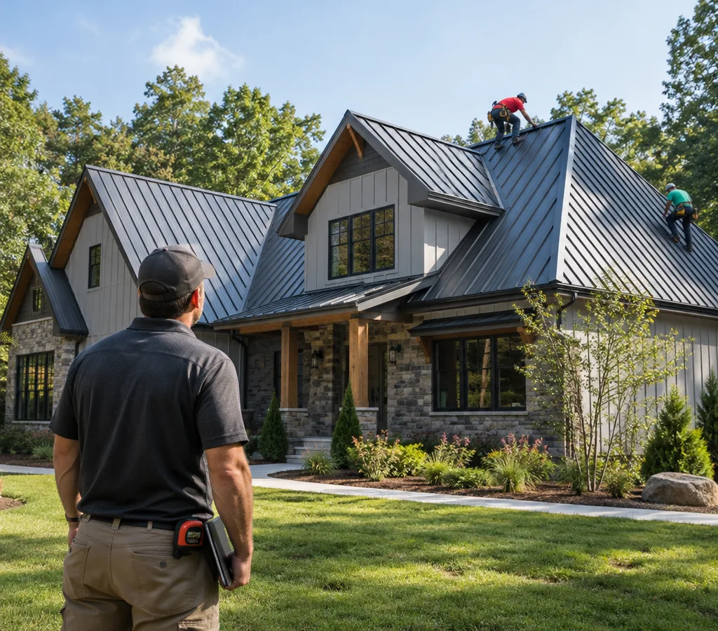 Home with a modern metal roof installed in bright daylight with the roof planes clearly visible