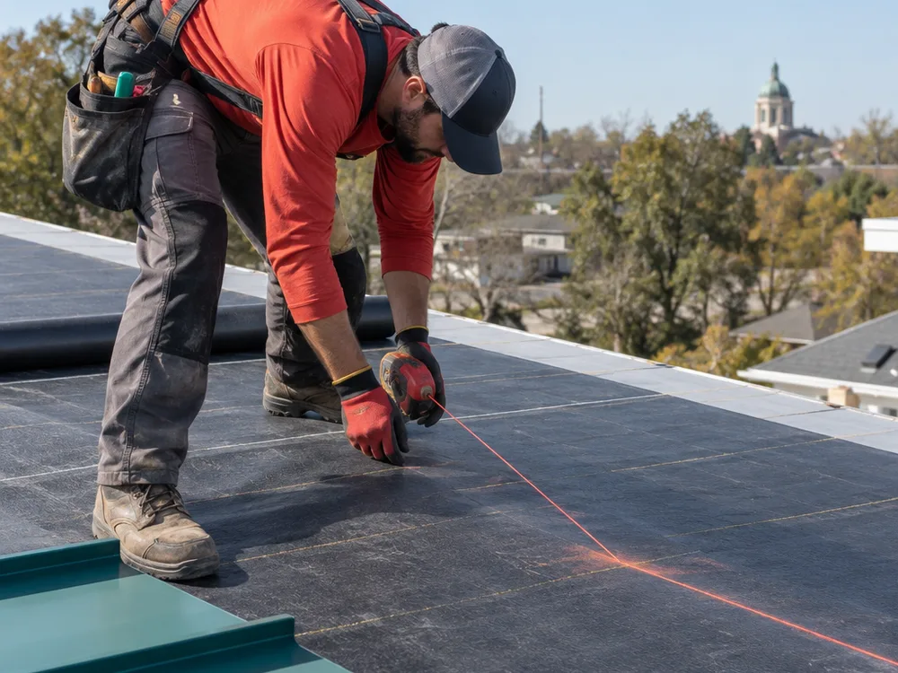Roofing contractor measuring and snapping chalk lines on underlayment before installing standing seam metal panels