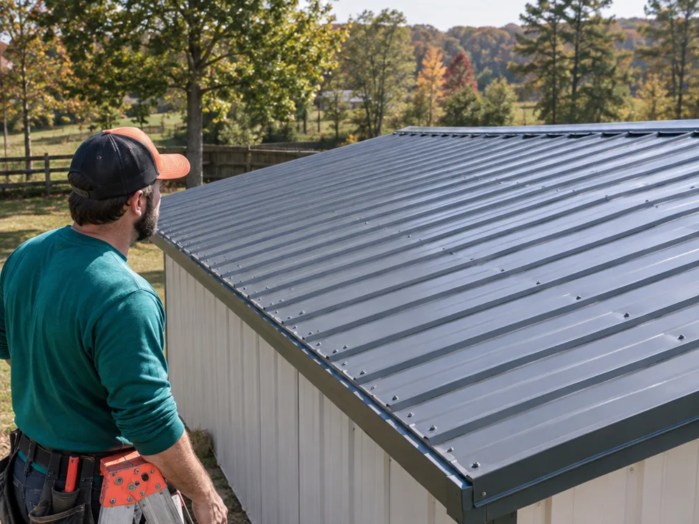 Exposed-fastener metal panel roof with straight panel runs and neatly spaced fasteners