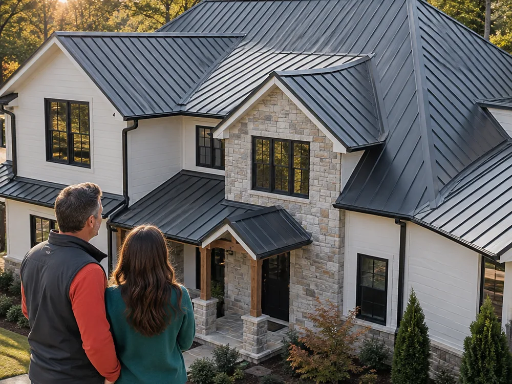 Finished standing seam metal roof with clean panel lines across multiple ridges and valleys